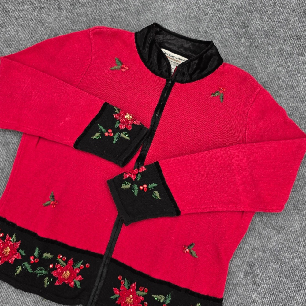 Tiara International Christmas Poinsettia Zip Cardigan Red Black Sequin Large